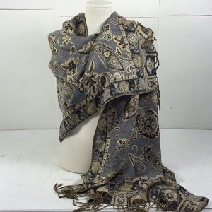 Grey Gold Tone Pashmina Tassel Wrap Scarf